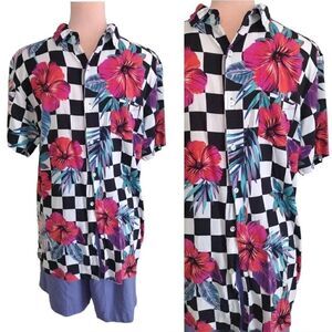 Y2K Reason Floral Check Printed Short Sleeve Button Up Top Men's Large